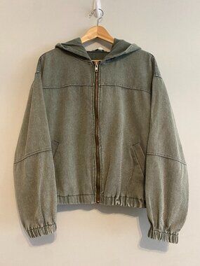 She + Sky Hooded Bomber Jacket, Large, Distressed Green